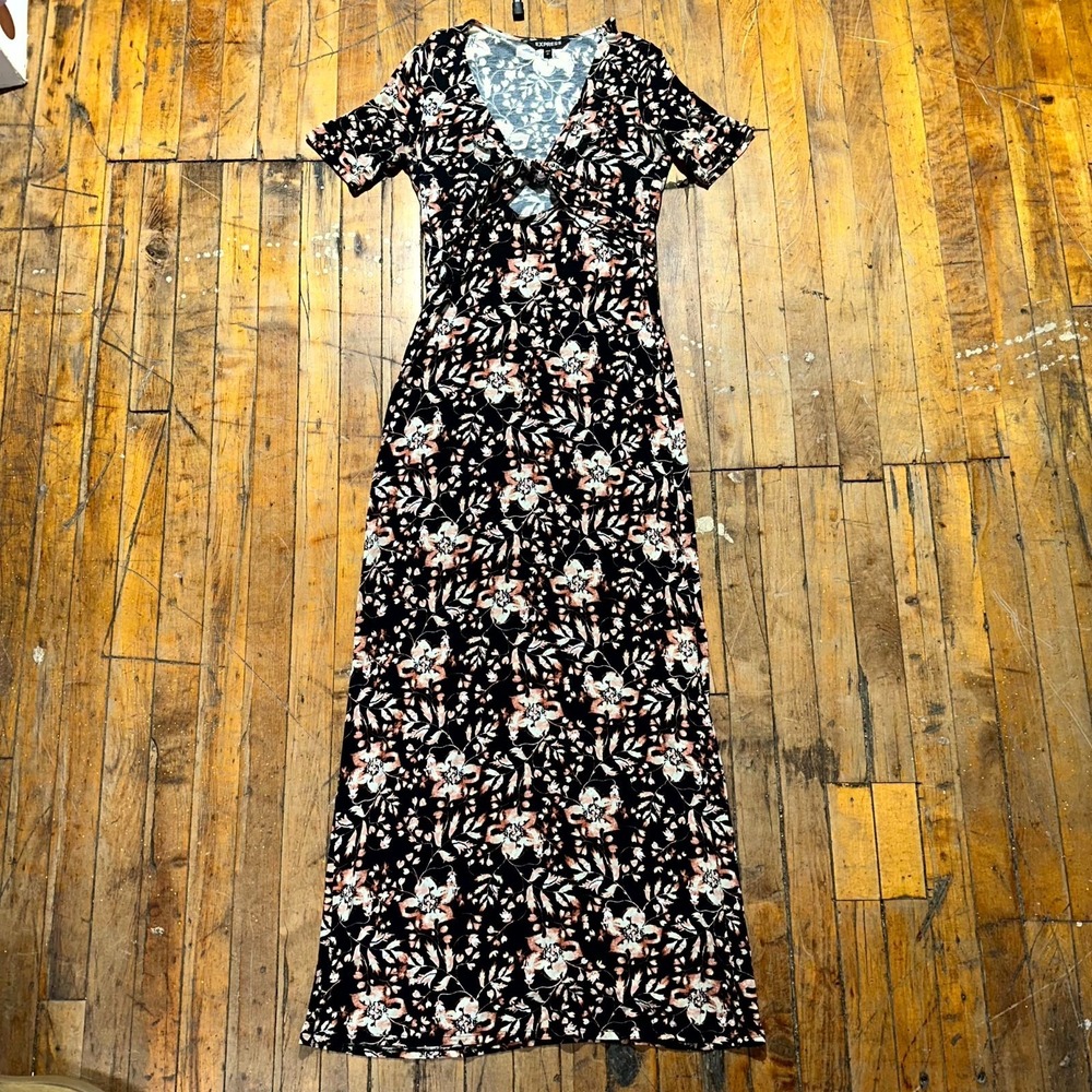 Express Maxi Dress Womens Small Black Floral Short Sleeve Cut-Out Front Romantic